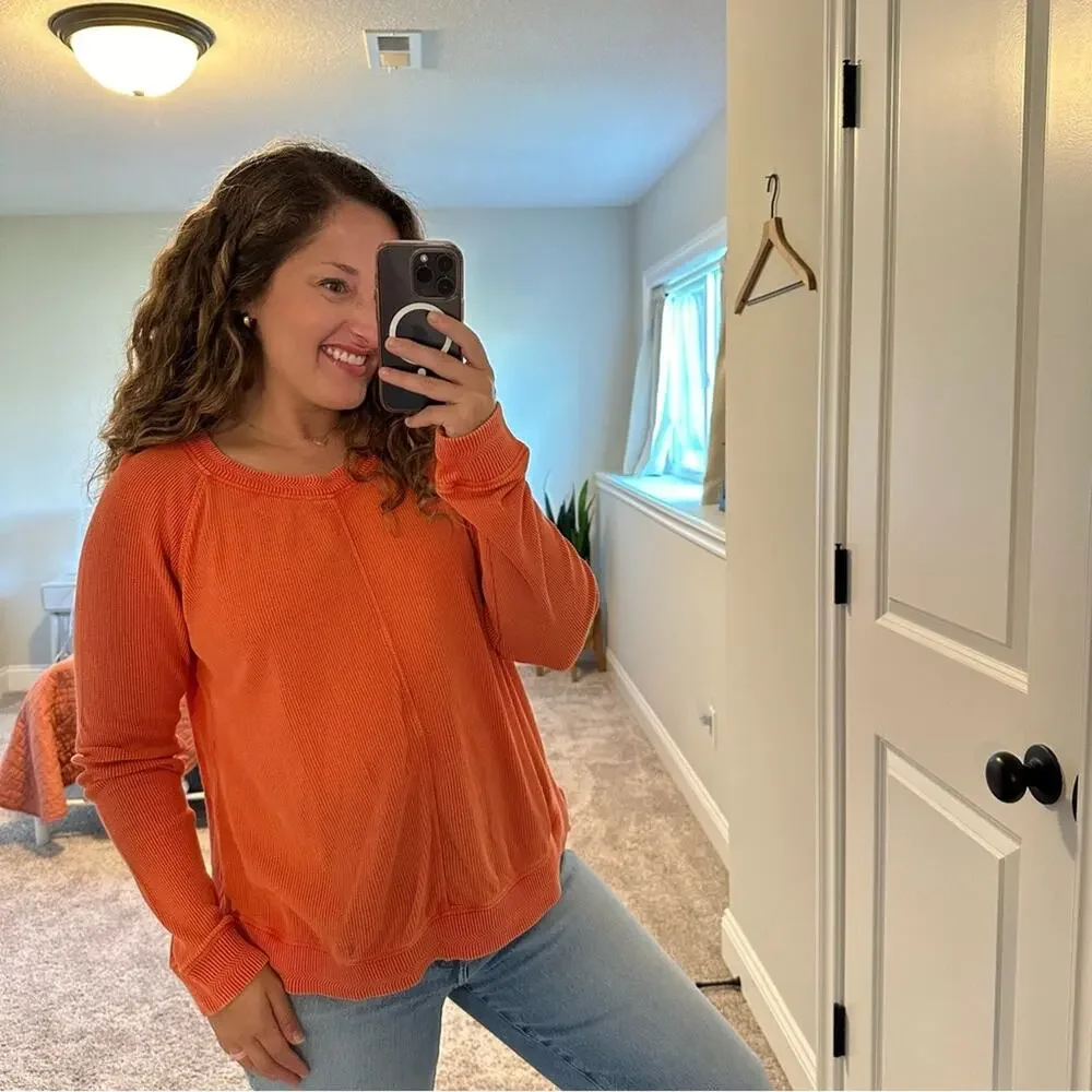 Soft Surroundings Pink Coral Textured Space Dye Cotton Waffle Long Sleeve Medium